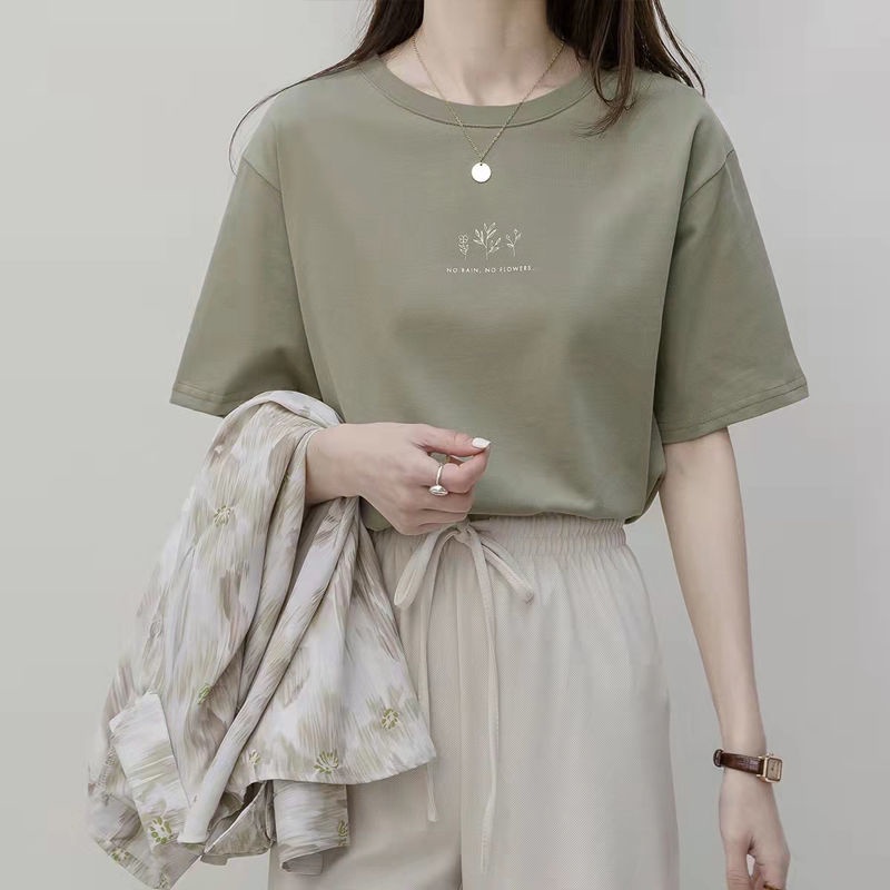 Round neck short-sleeved T-shirt women's summer short-sleeved tops casual T-shirt loose plant print cotton white ins super hot short-sleeved tops